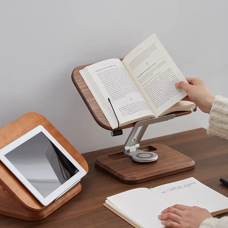 Adjustable walnut-coloured solid wood reading rack holding a book at an angle.