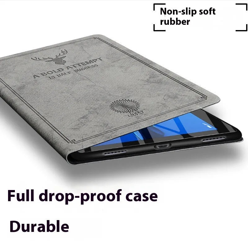 Soft TPU leather clamshell protective case for iPad shown in Black Elk colour, closed.