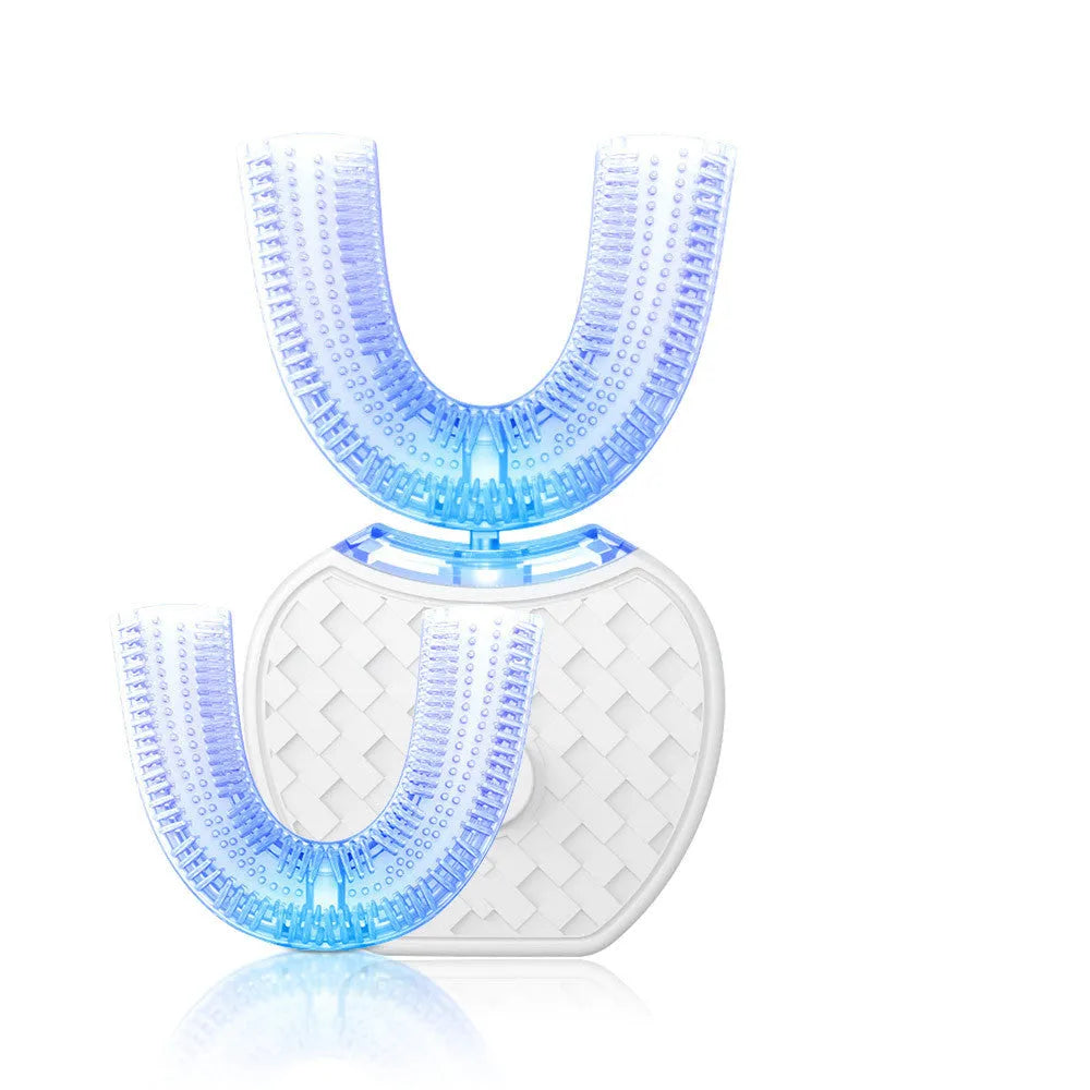 360 degree U-shaped electric toothbrush with blue light, food grade silicone bristles, and USB charging cable