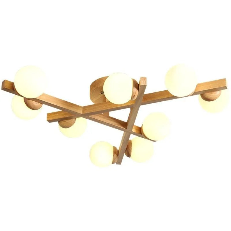 Nordic-style wooden effect ceiling light with three adjustable neutral white LED heads on angled arms.
