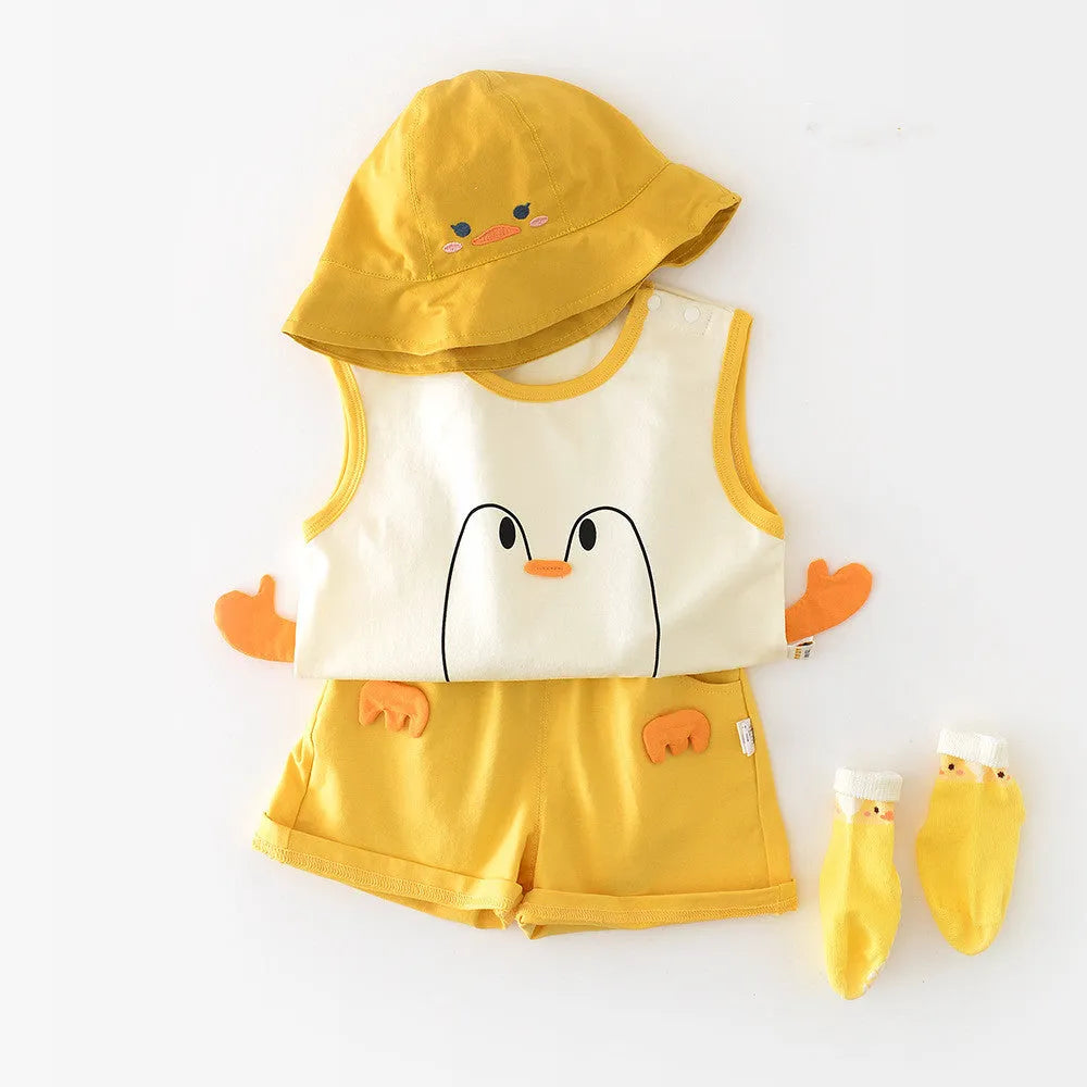 Big White Goose yellow cartoon shorts vest set for infants and toddlers, cotton blend, 73-100cm