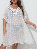 Three-dimensional chiffon V-neck see-through tassel patchwork beach dress in solid colour front view
