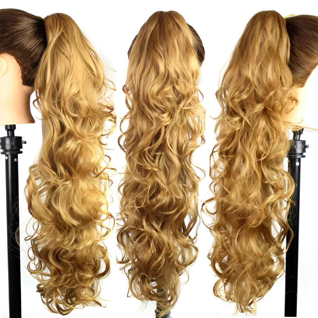 Chemical fiber ponytail extension with wavy long curly texture and grab clip, 65cm length, available in 12 colours