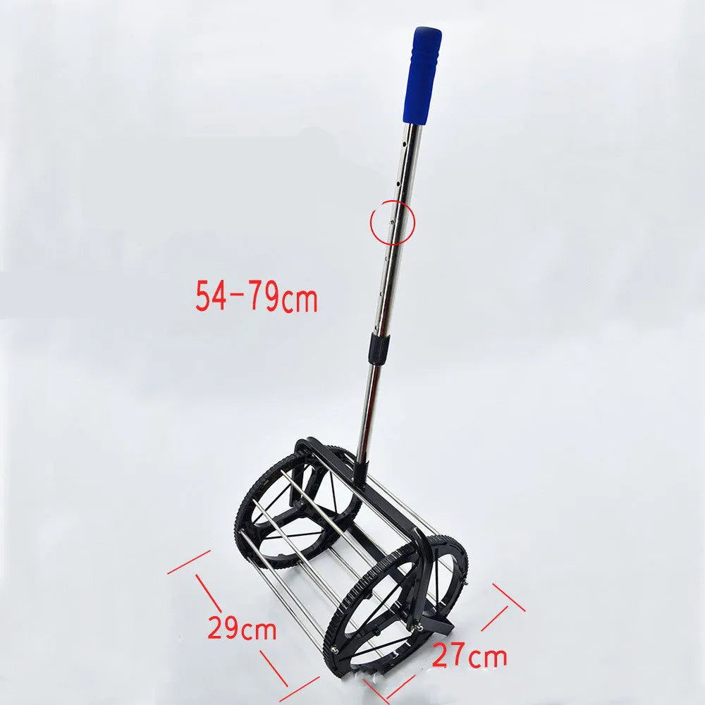 Black tennis ball picker basket made from nylon and metal, holding multiple tennis balls on a court
