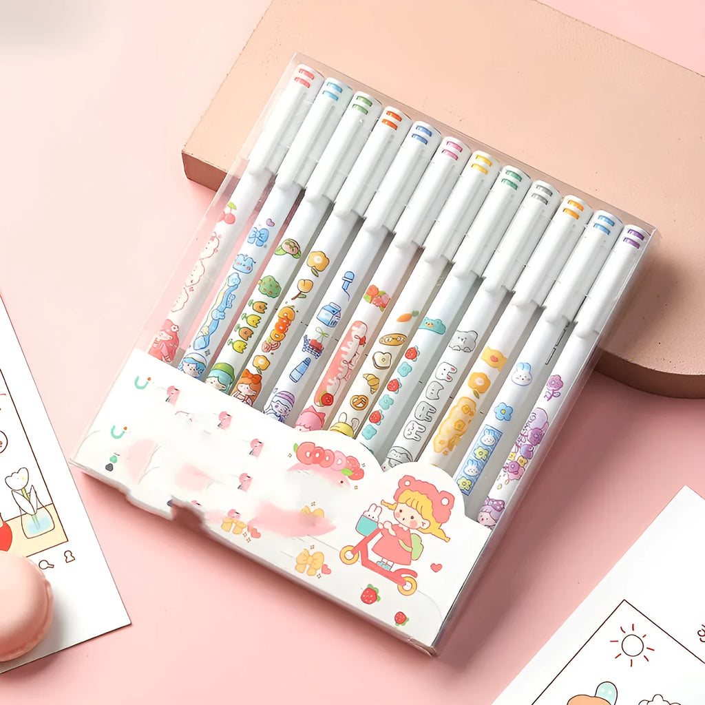 Twelve colourful gel pens with 0.5mm tips and cartoon designs arranged together