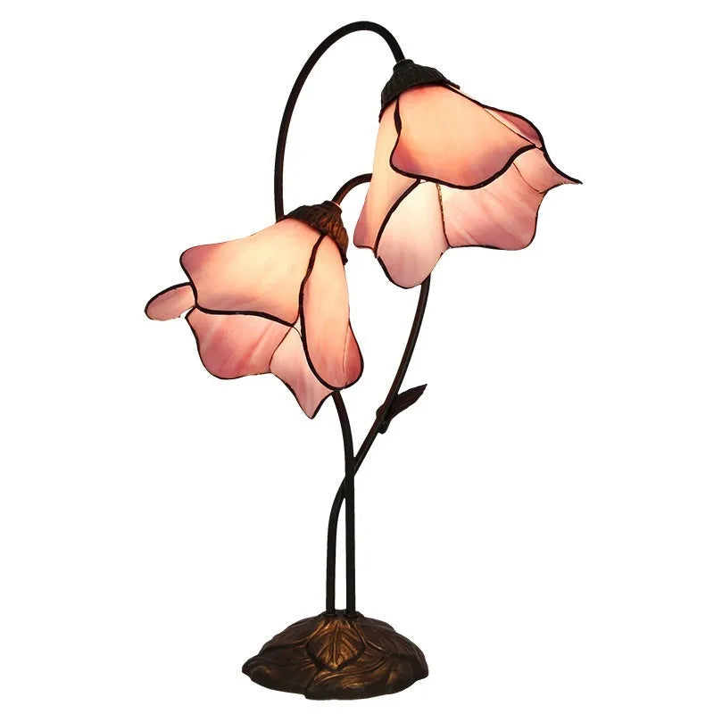 American classical retro style glass table lamp with ornate lotus shade, shown in a beige double head configuration.