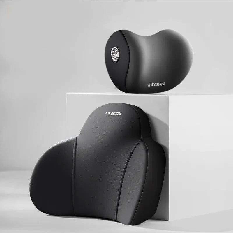 Automotive headrest and lumbar support pillows with memory foam filling and cotton covers in multiple colour options