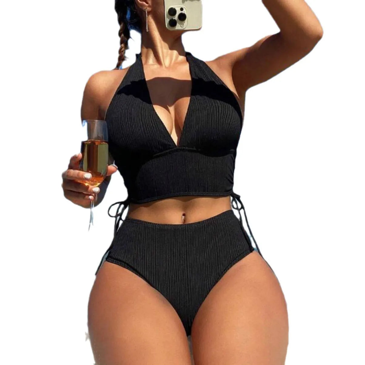 Women's black lace-up halter bikini set with briefs on mannequin