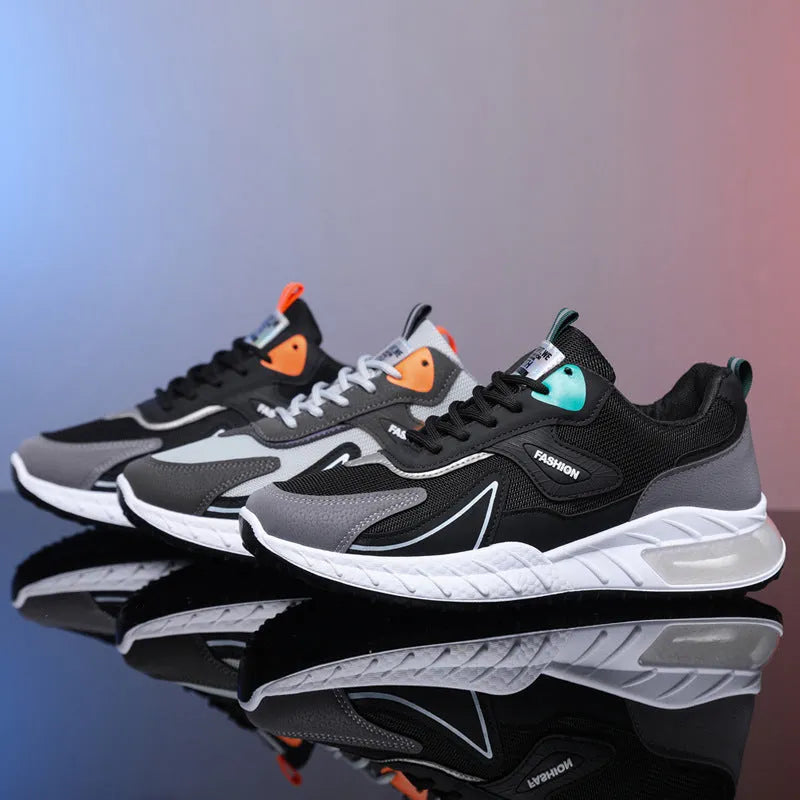 Colour-blocked men's mesh trainers with rubber sole, front lace-up, flat heel, round toe, in Black Green, Black Orange, or Grey Orange.