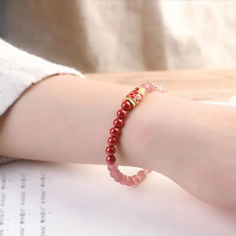Koi purple cinnabar and strawberry quartz bracelet with retro design and lucky beads