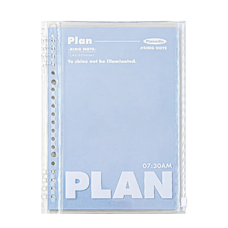 A5 PVC spiral notebook cover in blue or white transparent finish, dimensions 148mm by 210mm