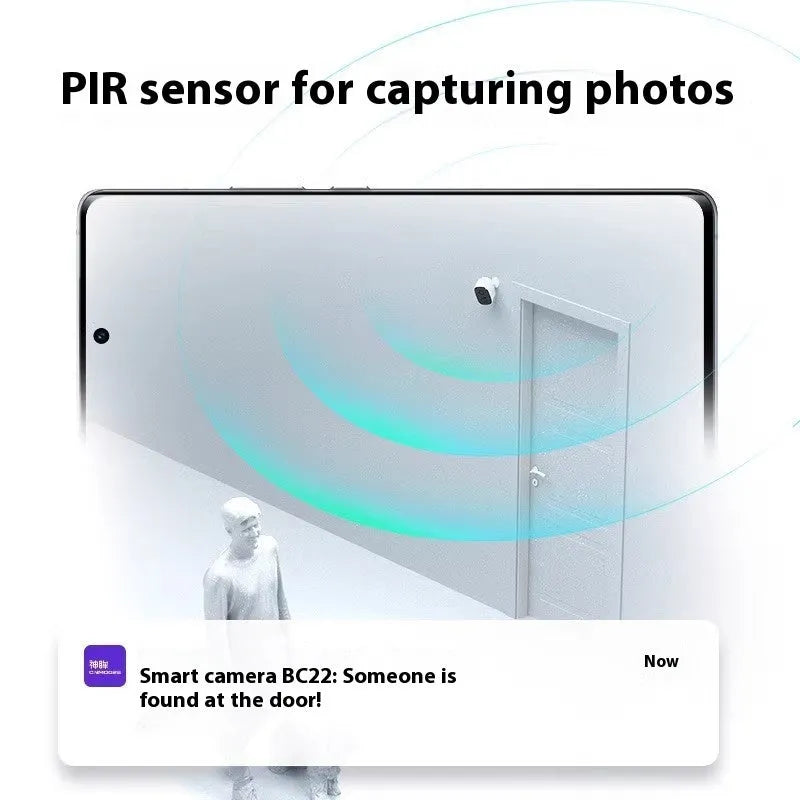 Wireless battery surveillance camera with mobile phone remote monitoring on white background