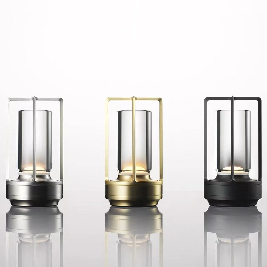LED camping light with touch charging in black, aluminium and acrylic build, 3W power, 90x180mm size, on a wooden table