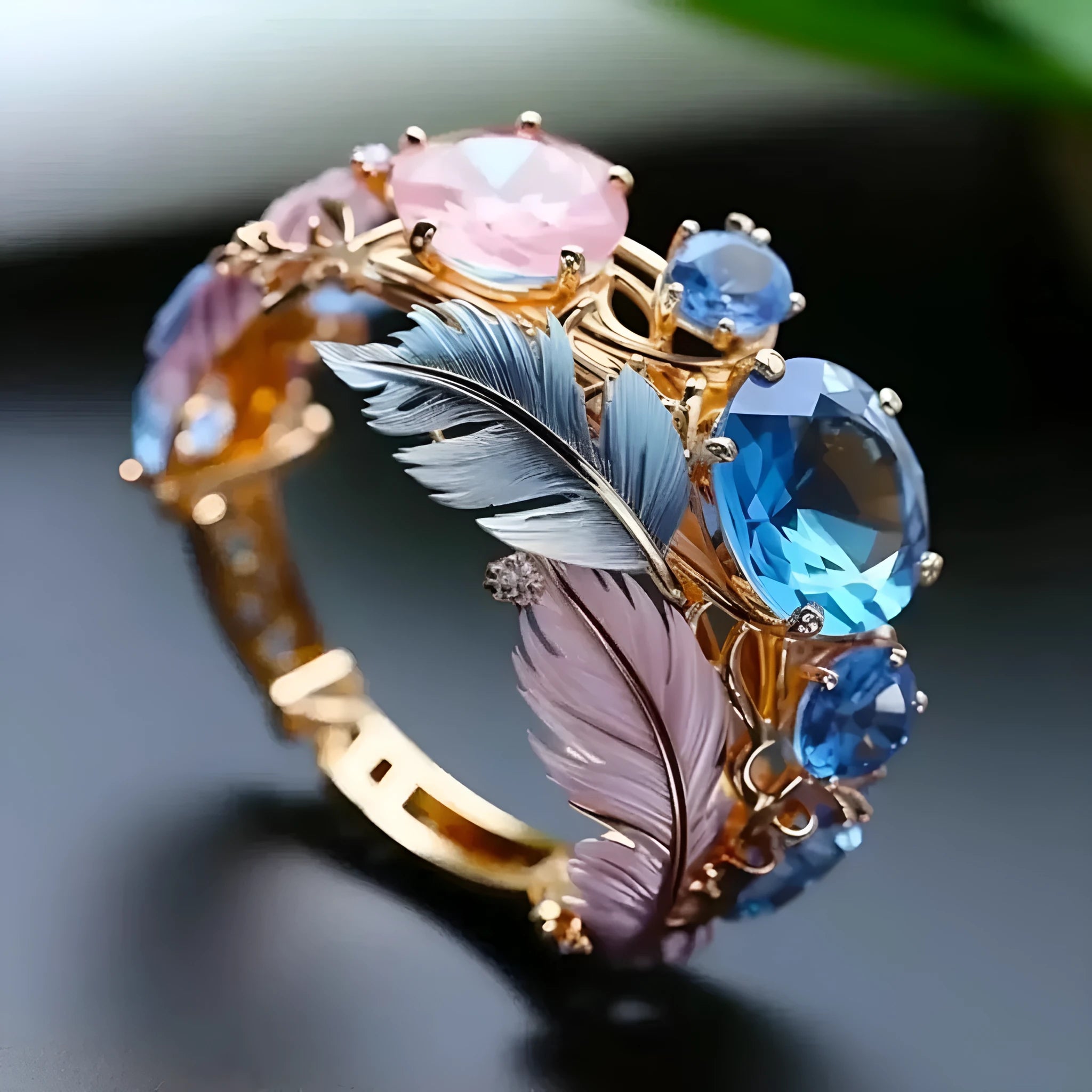 Geometric brass feather ring with zircon inlay in gold colour