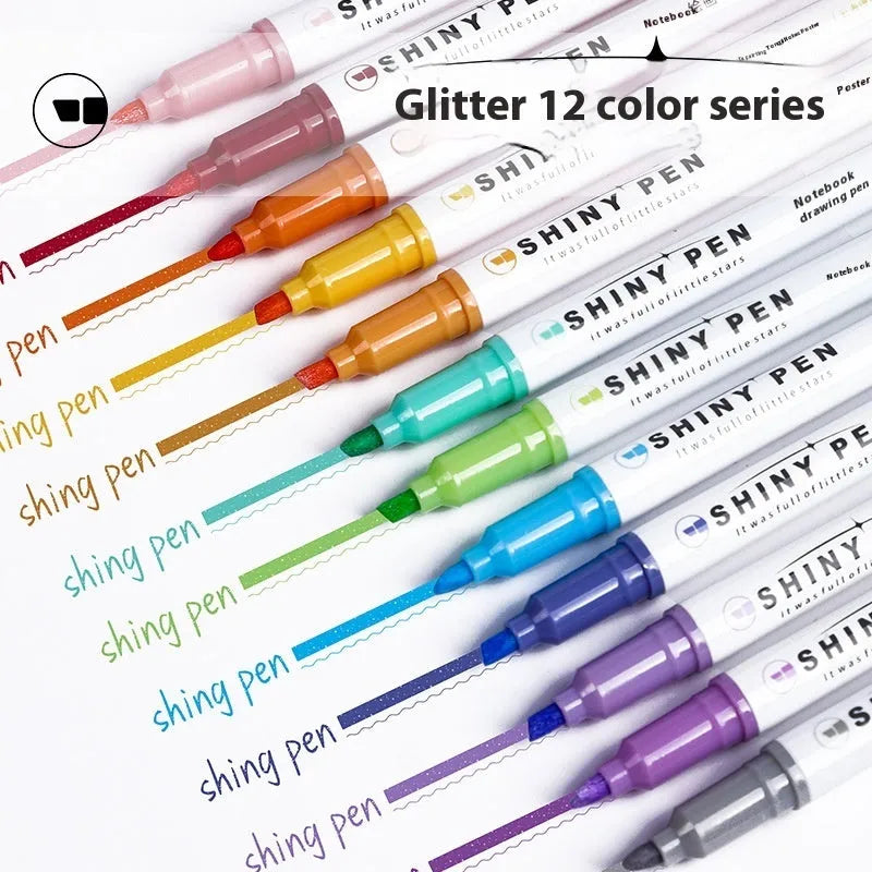 Pack of four glitter highlighter pens with plastic bodies in assorted colours.