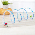 Blue cat tunnel and long pole teasing stick with feather attachments for cat play.