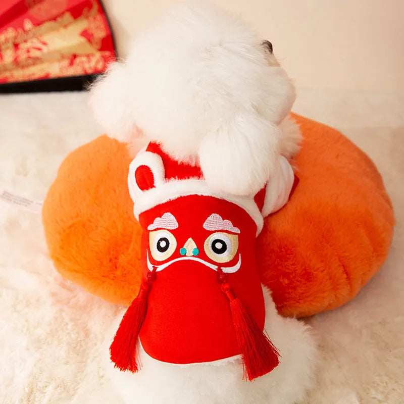 Red Lion Dance pet Tang suit with embroidery for dogs and cats, cotton-padded, sizes S to XXL