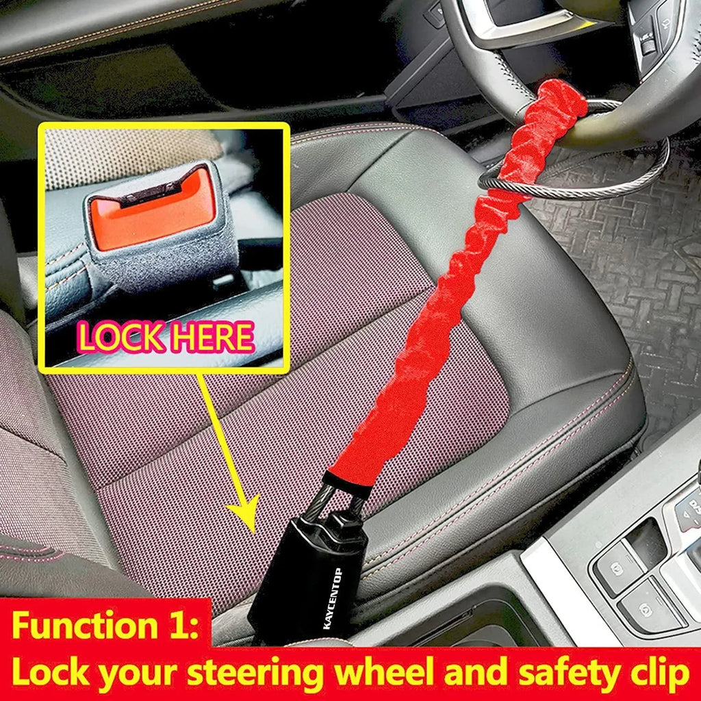 Red iron car steering wheel lock with copper core for General Motors vehicles on a steering wheel.
