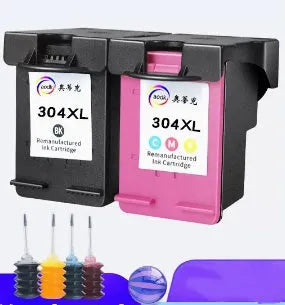 HP 304XL black and colour ink cartridge with two bottles of refill ink on a white background