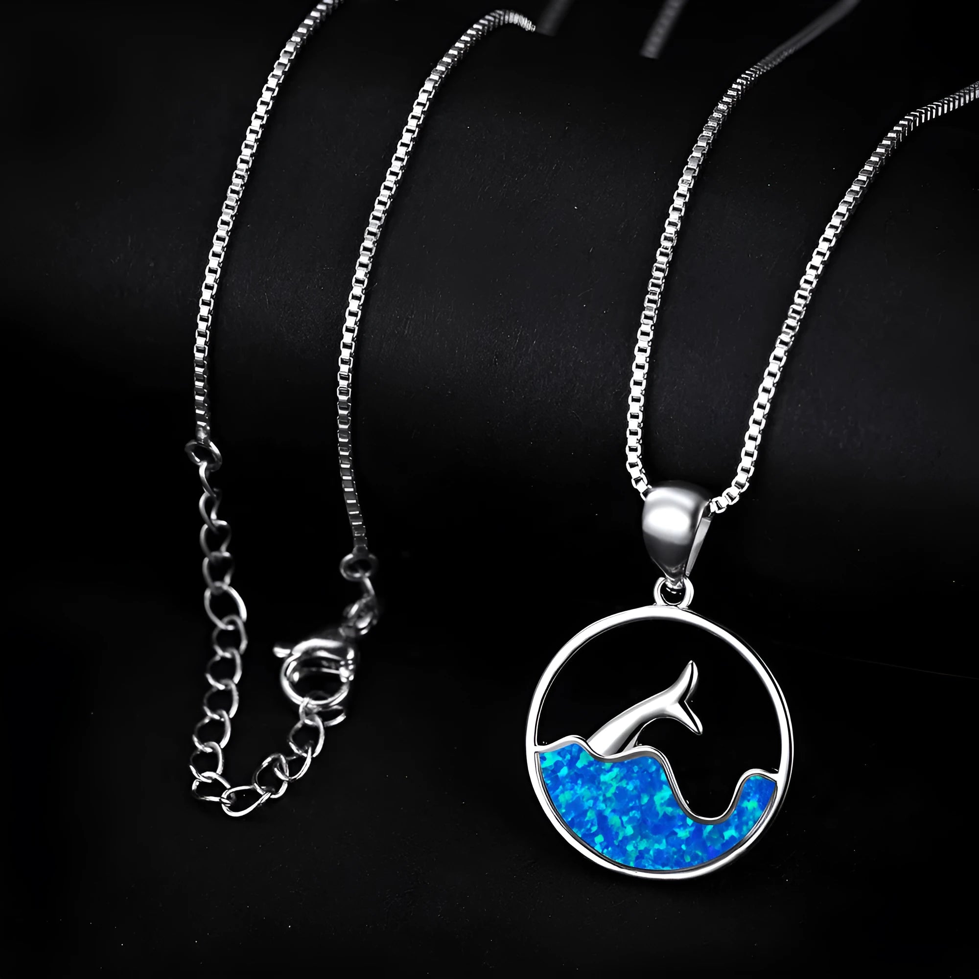 White gold round blue opal sea fishtail geometric pendant necklace on a 40 cm chain