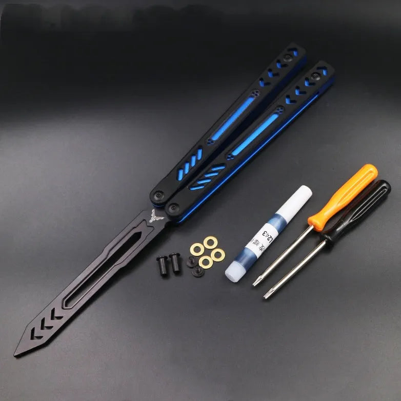 Unbladed aluminium handle butterfly knife trainer with G10 grip patches, shown in expanded 25.5cm position.