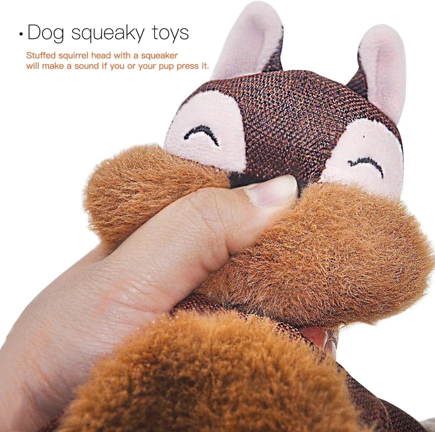 Brown plush fox dog toy with embroidered eyes, cotton rope arms and legs, and a squeaker in its head.