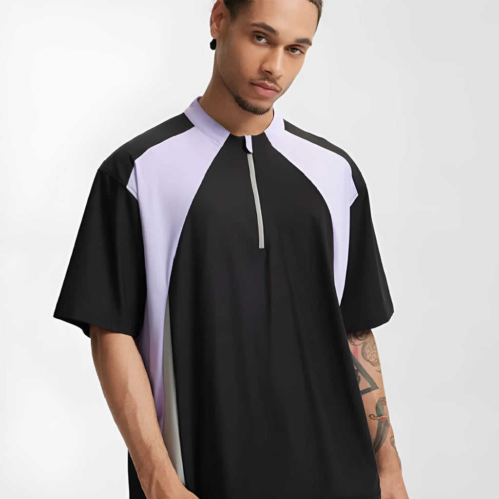 Men's solid-colour polyester top in black or beige with long sleeve and short sleeve options