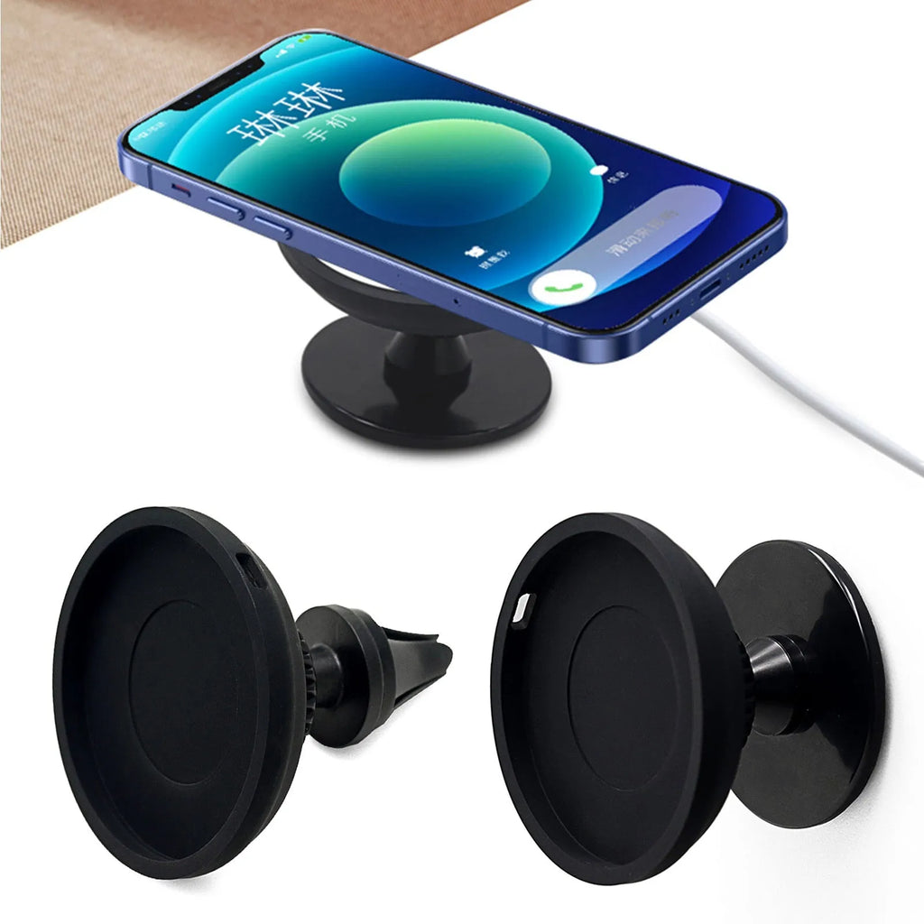 Black plastic magnetic car phone holder with snap-in mount for air vent or dashboard installation