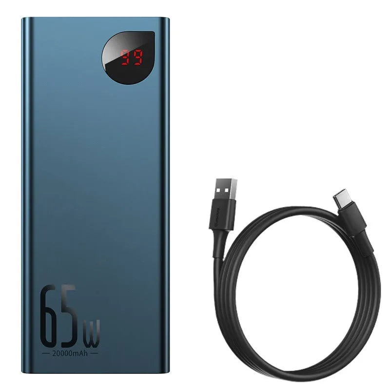 65W 20000mAh digital display power bank with LCD screen, plastic shell, black colour, front view