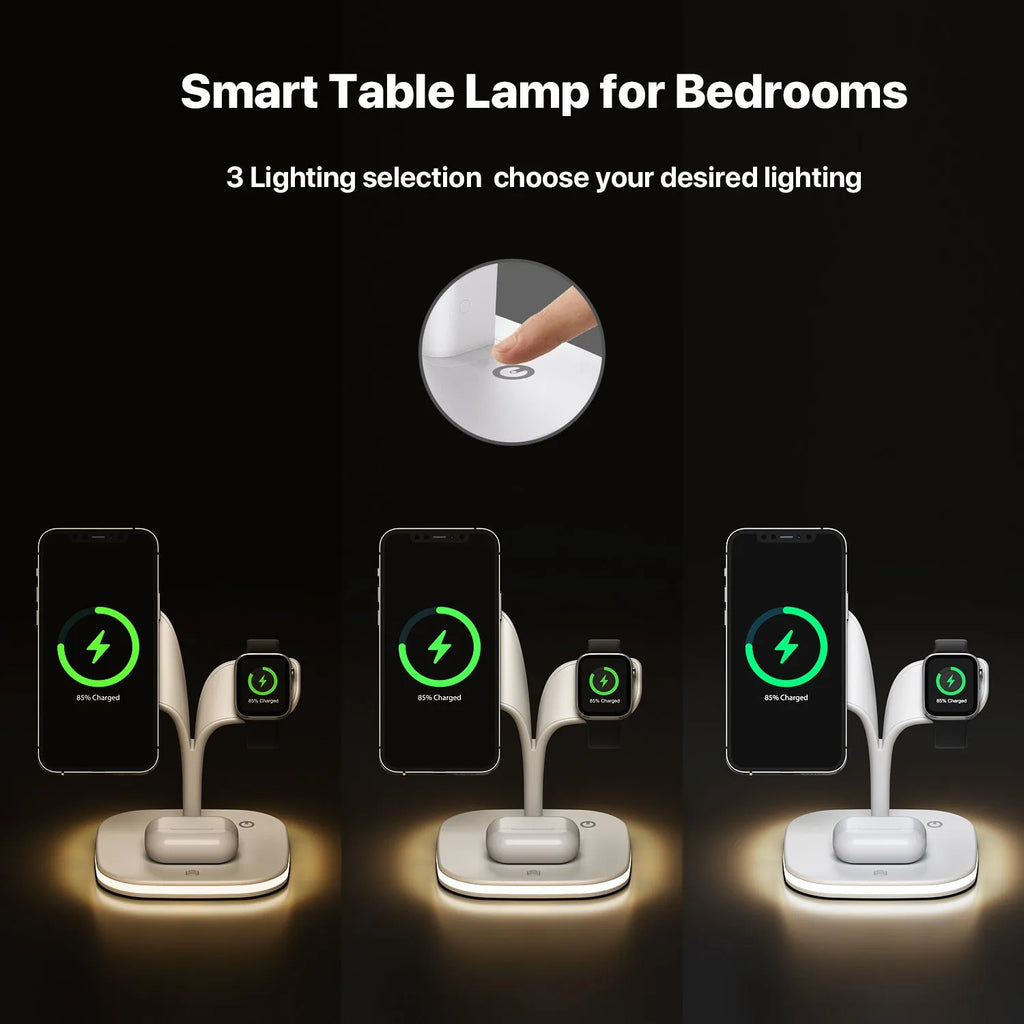Black 3-in-1 wireless charging station holding a phone, smartwatch, and headphones on a desk.