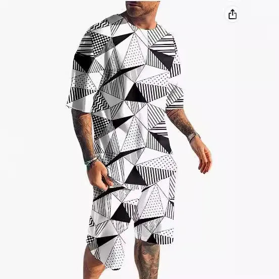 Men's short-sleeved sports and leisure two-piece suit in polyester blend, sizes S-6XL