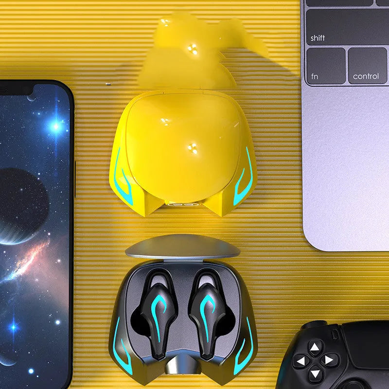 Griffin wireless gaming earbuds in black, dark grey, and yellow colour options with earplug-style fit.