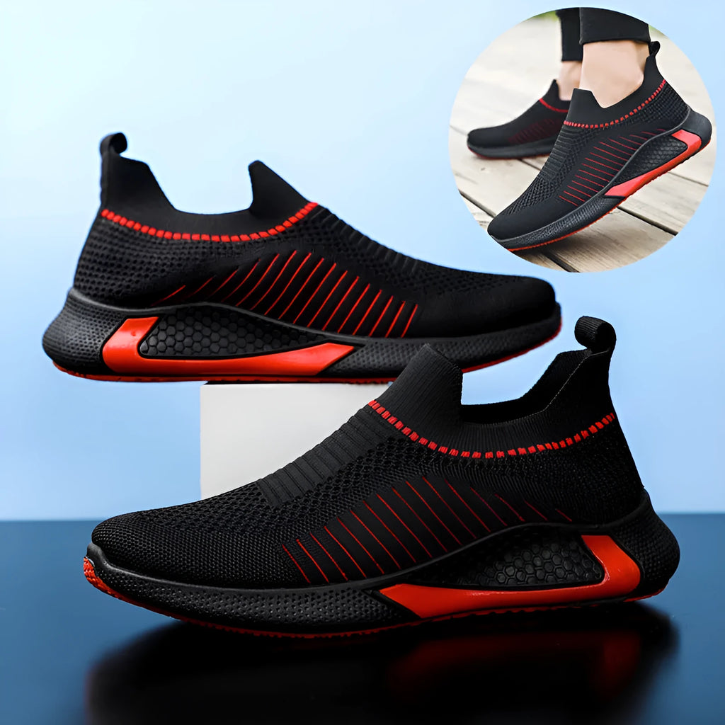 Men's striped mesh slip-on sneakers with flyknit upper in black and white colour option