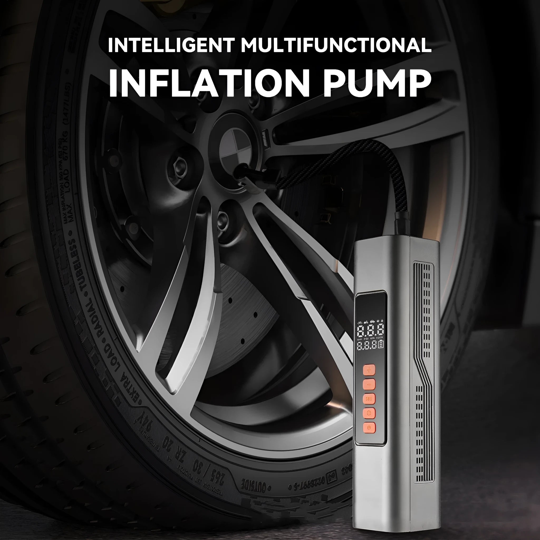 Compact wireless digital tyre pressure inflator with display showing pressure units