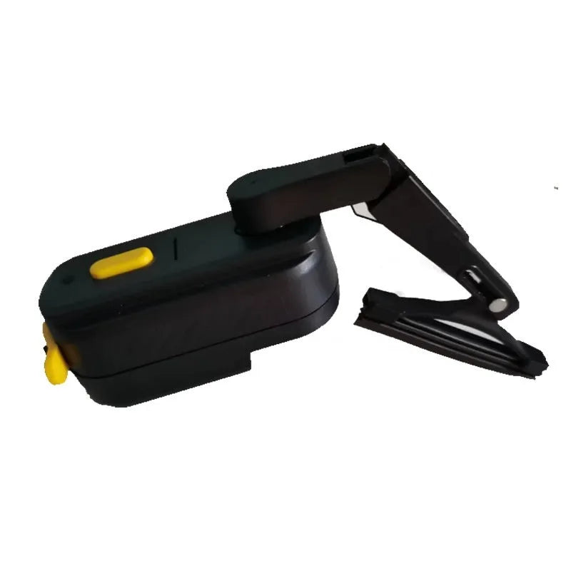 Black 800mA electrical wiper motor with attached 65mm rubber blade for mounting on a motorcycle helmet visor.