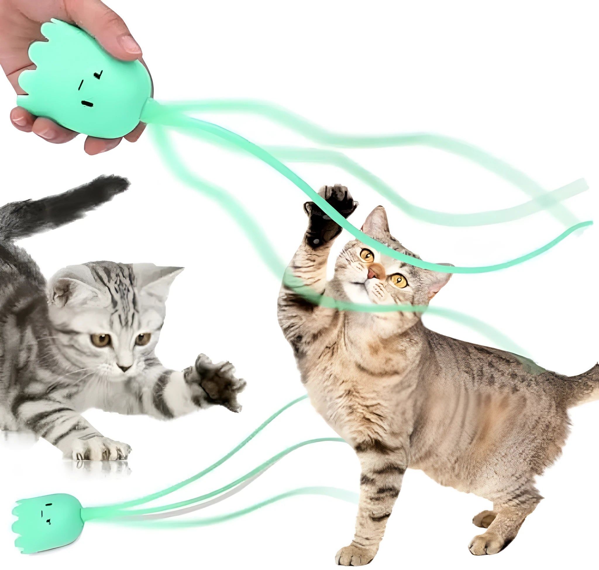 Green automatic cat wand toy with swinging silicone tails on a wooden floor.