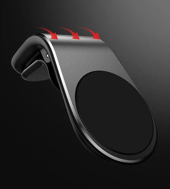 Black universal car phone holder bracket mounted on a car dashboard holding a smartphone.