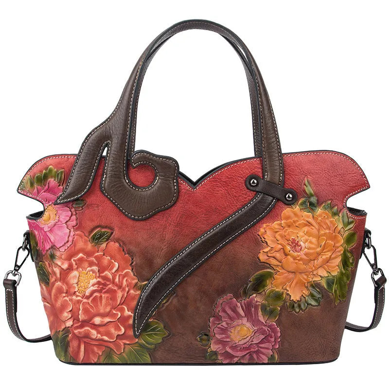 Women's handbag made from first layer cowhide leather with flower pattern, zipper closure, in green colour