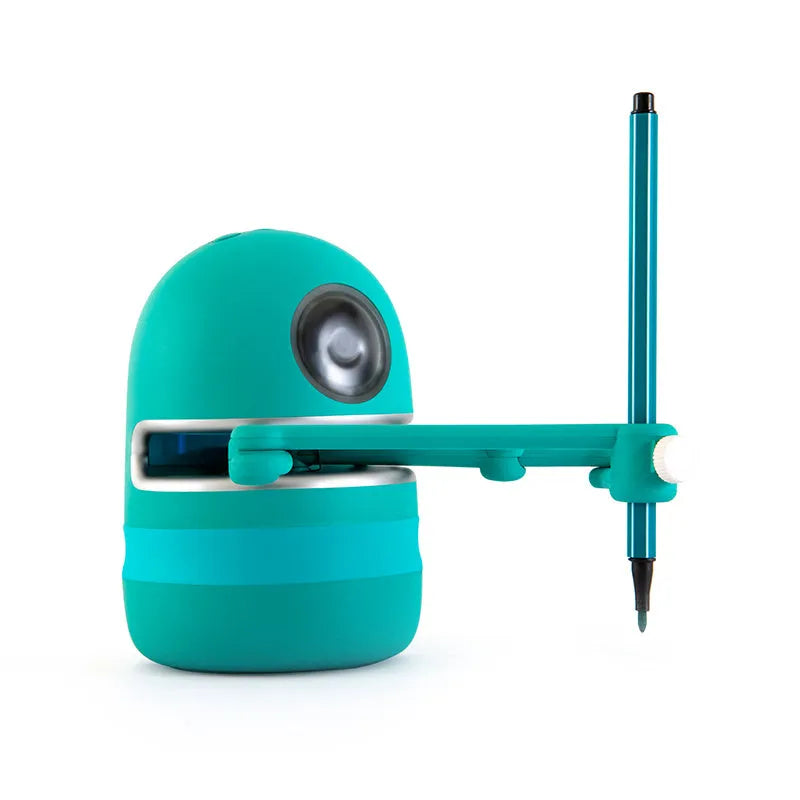 Children painting robot with English voice guidance on a table, showing drawing cards and suction cup base