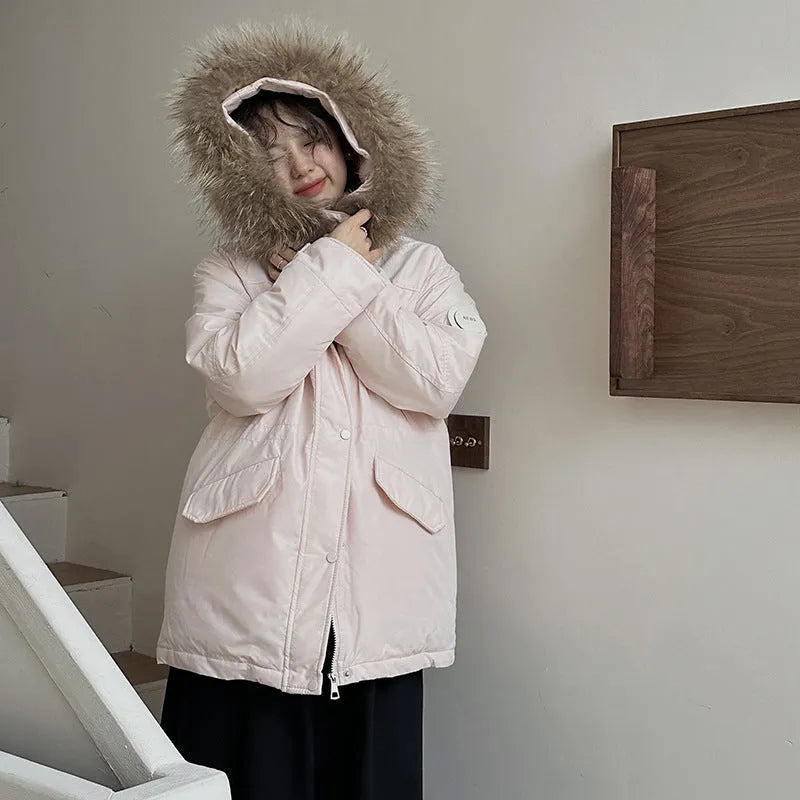 Women's mid-length hooded loose cotton-padded coat with fur collar in black