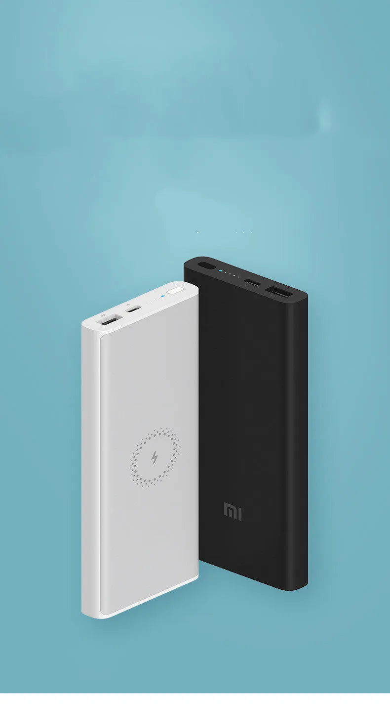 White and black 10000mAh power bank with USB-C port and wireless charging capability