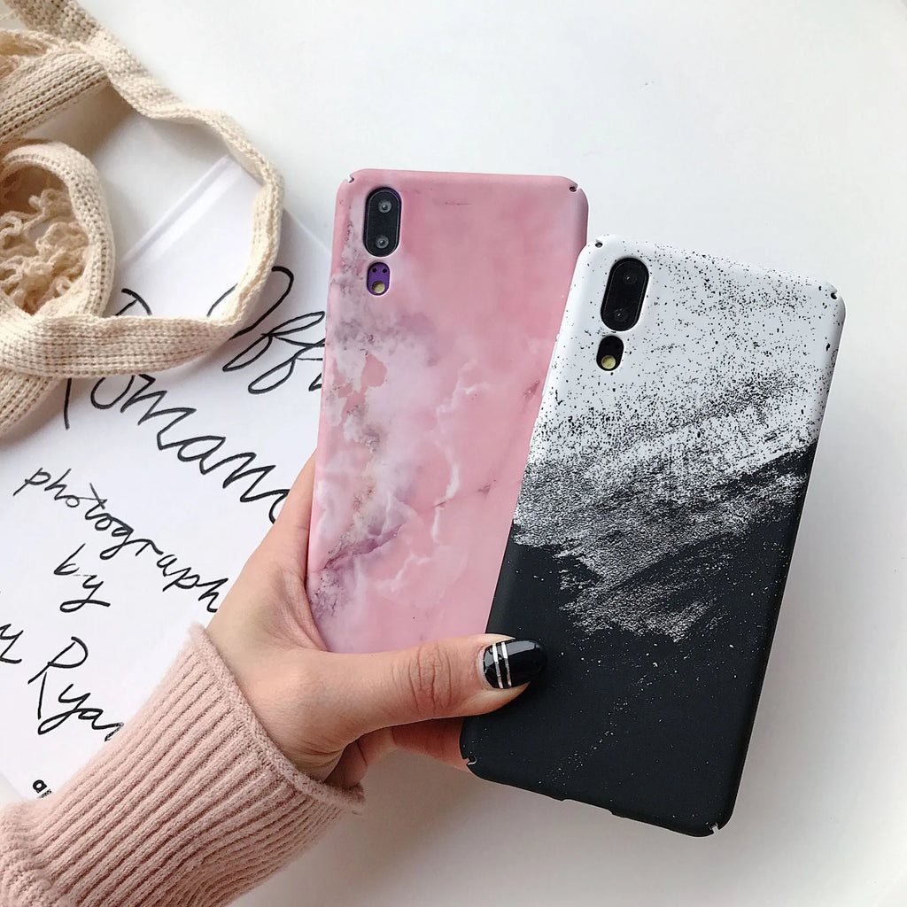 Painted pure colour black and pink phone back cover cases for Huawei models on a white background.