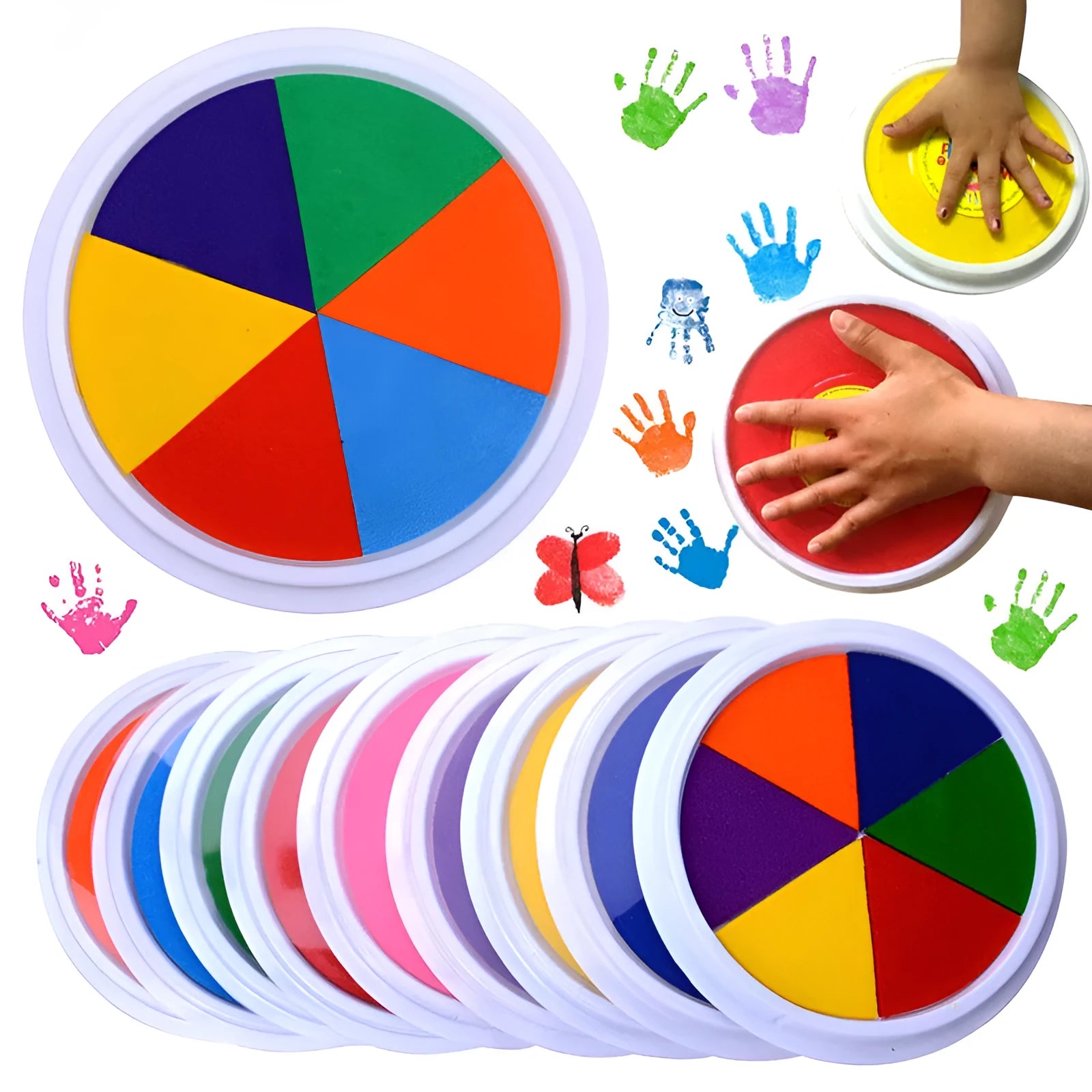 Children's fingerprint paint kit showing 16cm ink pad and picture album guides for creative activities