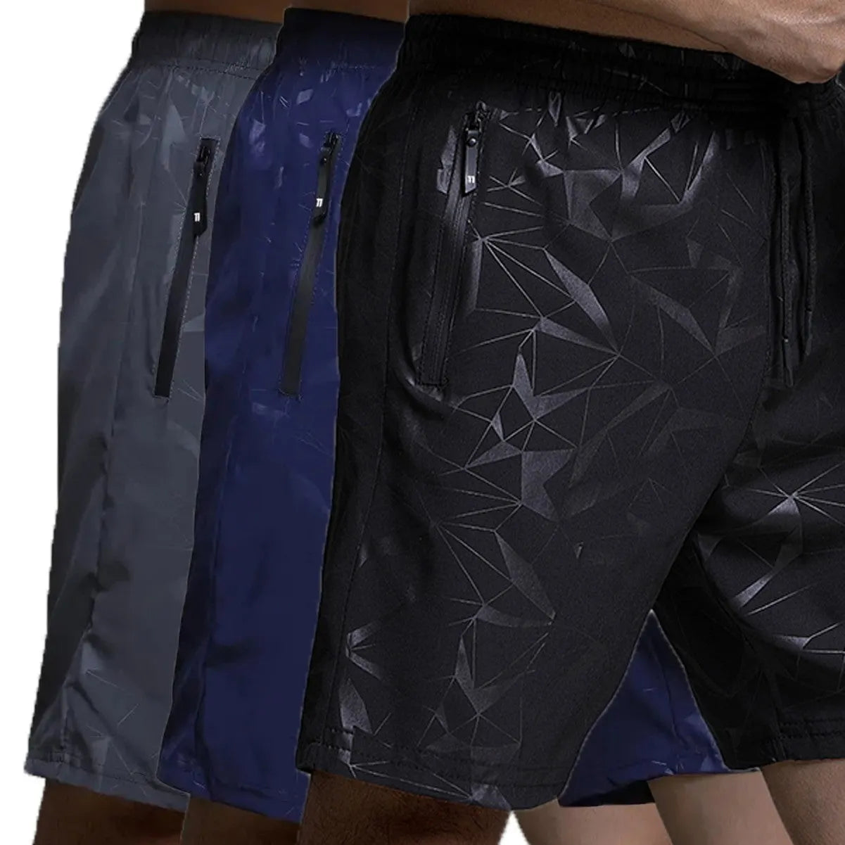 A pair of men's loose-fitting black sports shorts with an elasticated waistband, laid flat.
