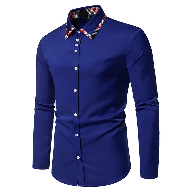 Man wearing a blue plaid contrast long-sleeve shirt with a triangle collar.
