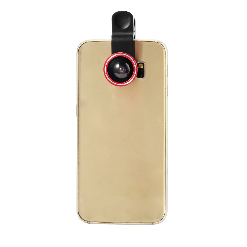 Mini camera lens clip for mobile phone in black attached to smartphone showing clip-on design