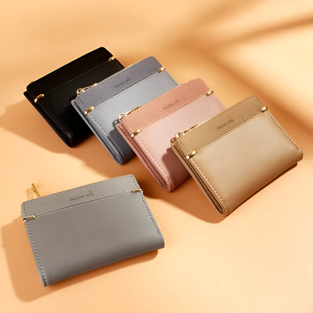 Ladies folding wallet with zipper closure and multiple internal compartments in PU leather
