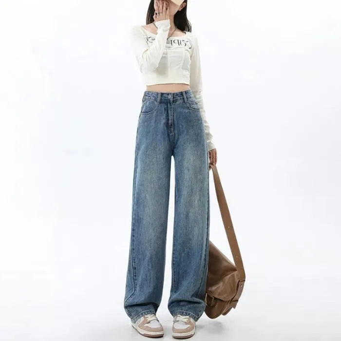 Women's retro blue high-waist wide-leg straight jeans on a neutral background