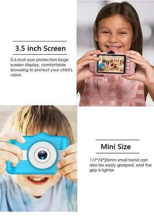 3.5 inch large screen cartoon digital HD camera for kids in pink with anti-fall silicone case