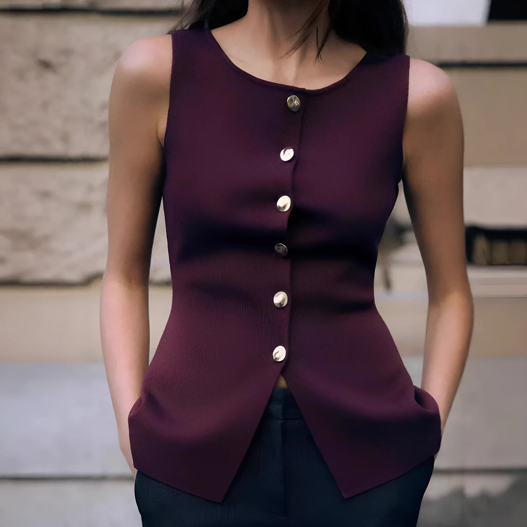 Dark red women's sweater vest with gold buttons and 3D patterns, V-neck slim fit design